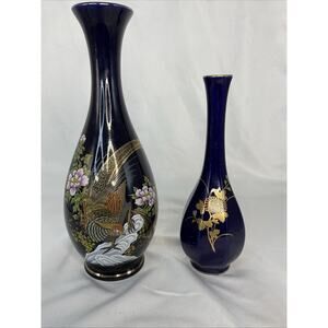 VTG ASIAN DARK BLUE COBALT VASES FLORAL PHEASANT BIRD MOTIFS